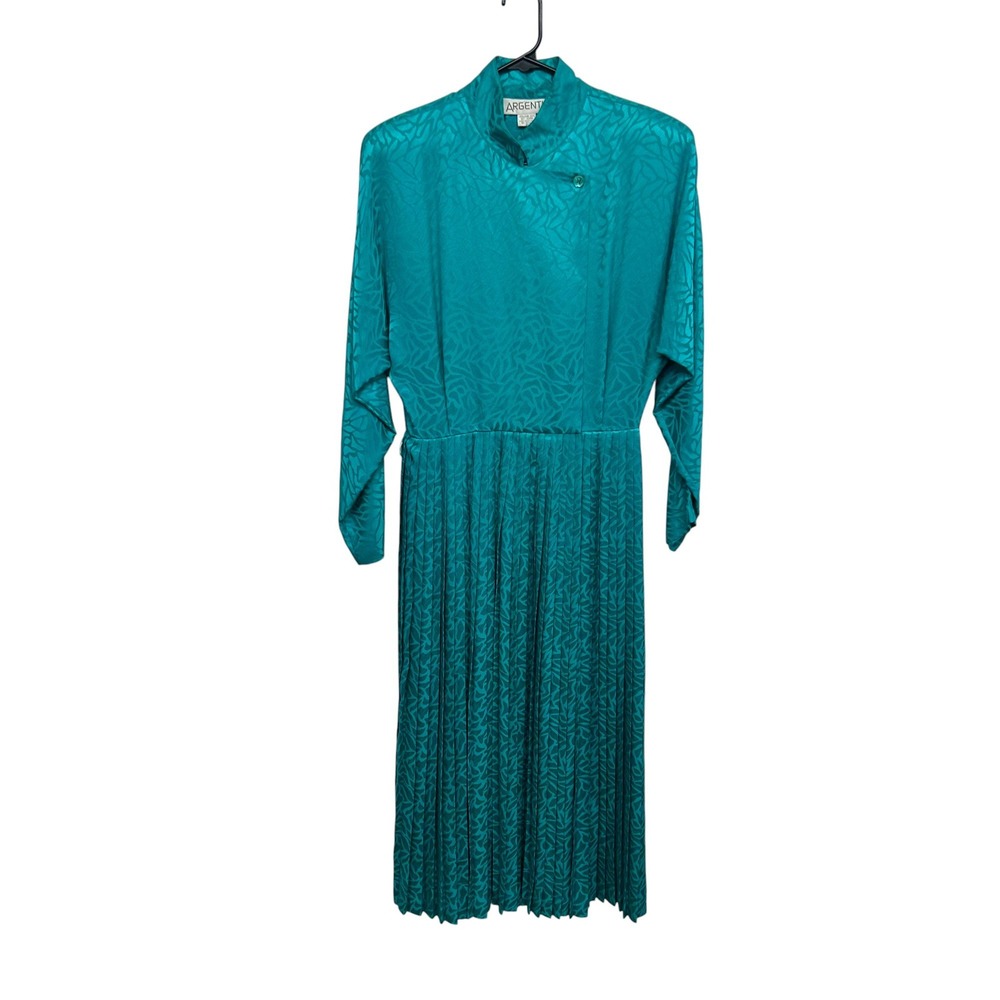 Vintage Argenti Teal Silk Pleated Midi Dress 10 High Neck Elegant Retro‎ Classic